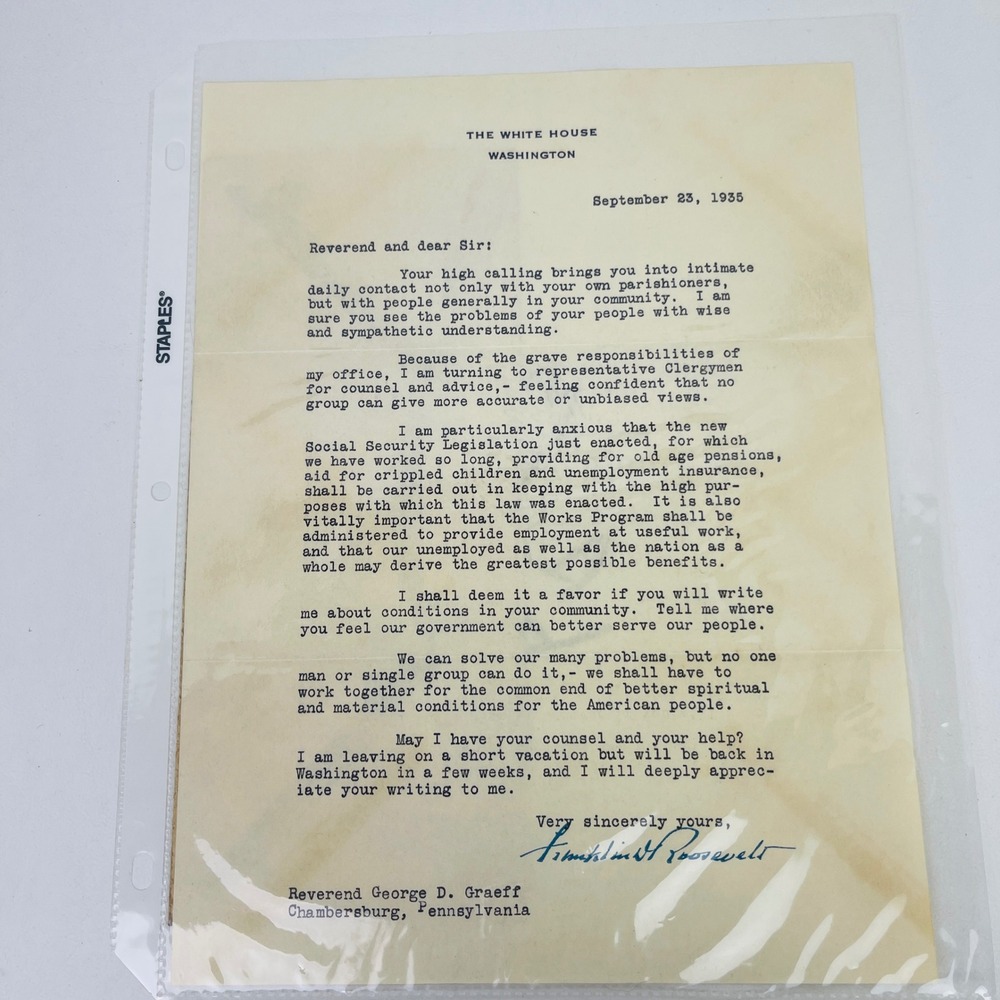 Franklin D Roosevelt White House Letter 1935 Social Security New Deal Ephemera